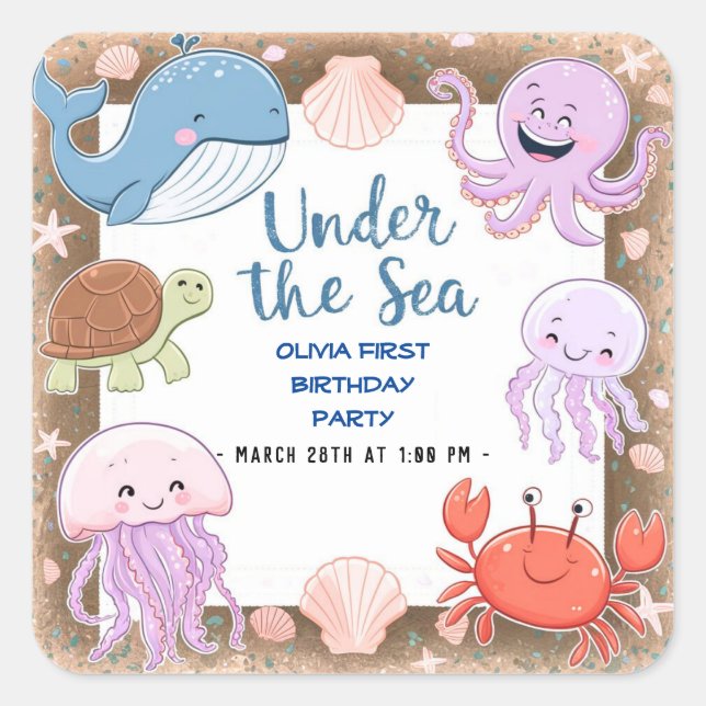 Adesivo Quadrado Moderna e elegante aquarela no aniversário do Mar2 (Frente)