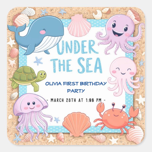 Adesivo Quadrado Moderna e elegante aquarela no aniversário do Mar3 (Frente)