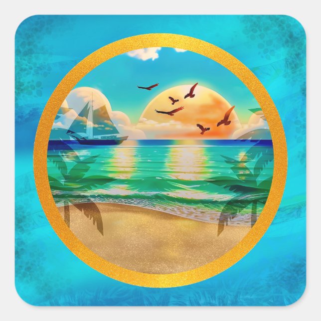 Adesivo Quadrado Moderna Floresta Tropical de Palmeiras Sunset (Frente)