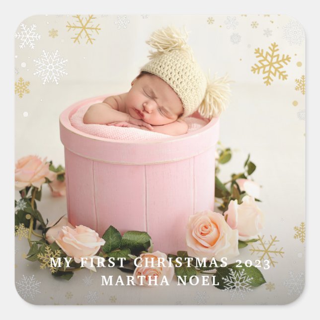 Adesivo Quadrado Moderno De Dois Lados Minha Primeira Foto De Floco (Frente)