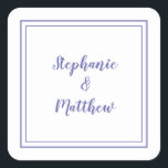 Adesivo Quadrado Moderno do Casamento Minimalista Obrigado Periwink<br><div class="desc">Design moderno minimalista e chic Wedding apresenta os noivos da noiva e do noivo em um design moderno com uma fronteira dupla enquadrada em azul-piscadela em um fundo branco. A design moderna é simples e chique. Personalize os detalhes do casamento com seus nomes em roteiro azul. Certifique-se de ver o...</div>