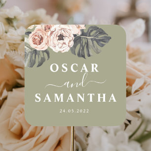 Adesivo Quadrado Moderno Floral Khaki - Folhas Tropicais e Orquíde