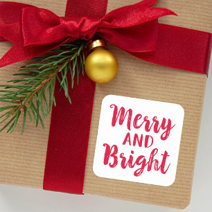 Adesivo Quadrado Moderno Merry e Bright Vermelho Script de Pincel