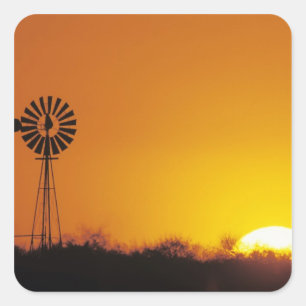 Adesivo Quadrado Moinho de vento ao pôr do sol, Sinton, Texas, EUA