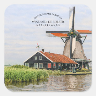 Adesivo Quadrado Moinho de vento Zaanse Schans Aquarela Patrimônio