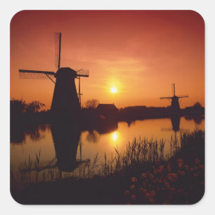 Adesivo Quadrado Moinhos de vento ao pôr do sol, Kinderdijk, Países