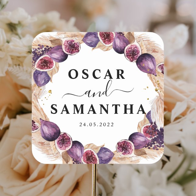 Adesivo Quadrado Moldura de Beleza Pampas Modernas & Figos Roxos (Criador carregado)