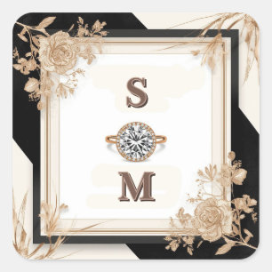 Adesivo Quadrado Moldura de casamento em marfim e dourado com ornam