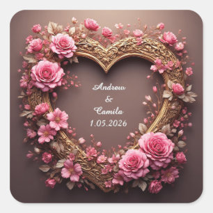 Adesivo Quadrado Moldura de Coração Elegante Decorada com Rosas Ros