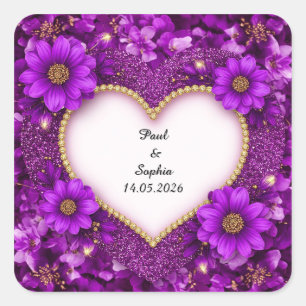 Adesivo Quadrado Moldura de Coração Roxo com Brilho e Flores