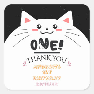 Adesivo Quadrado Moldura de Gato Fofo Estrelas Brilhantes 1º Aniver