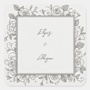 Adesivo Quadrado Moldura de Rosa Minimalista Linha Preta Casamento