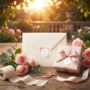 Adesivo Quadrado Moldura Dourada com Aquarela Rosa Cor de Rosa para