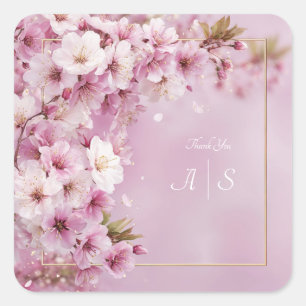 Adesivo Quadrado Moldura Dourada Flor de Cerejeira Rosa Elegante Ca
