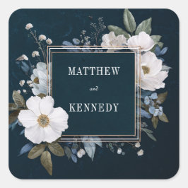 Adesivo Quadrado Moldura Dourada Floral Anêmona Branca Índigo