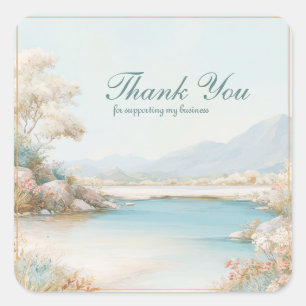 Adesivo Quadrado Moldura Dourada Paisagem Pastel Lago Aqua Flor Sil