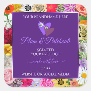 Adesivo Quadrado Moldura Floral Colorida Rótulos de Produto Roxo C