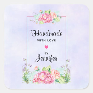 Adesivo Quadrado Moldura Floral de Cor de Água Rosa com Amor