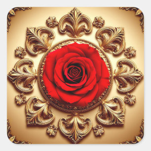 Adesivo Quadrado Moldura Ornamentada Rosa Vermelha 🌹 Elegância Flo