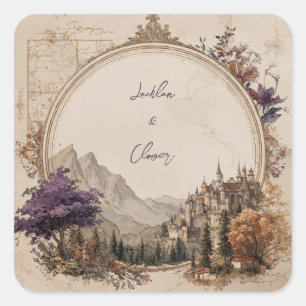 Adesivo Quadrado Moldura Oval Dourada Castelo Montanha Fantasia Cas