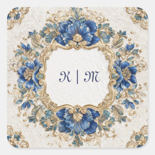 Adesivo Quadrado Moldura Redonda Floral Barroca Azul Real Dourado O