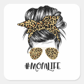 Adesivo Quadrado Mom Life Messy Hair Bun Leopard Women Mother's Day