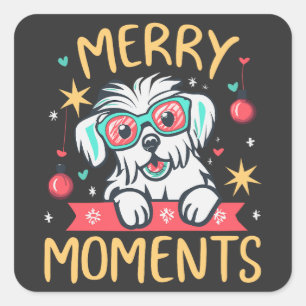 Adesivo Quadrado Momentos de feliz com o Natal do Cachorro Maltês F