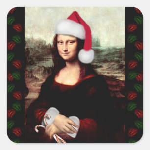 Adesivo Quadrado Mona Lisa Chapéu de Papai Noel Natal
