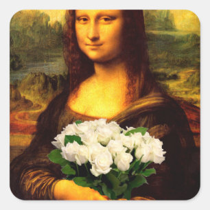 Adesivo Quadrado Mona Lisa Com Buquê De Rosas Brancas