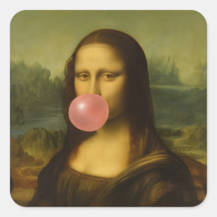 Adesivo Quadrado Mona Lisa Piscando Goma-Bolha Rosa
