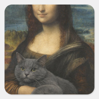 Adesivo Quadrado Mona Lisa Segurando um Gato Cinza Elegante