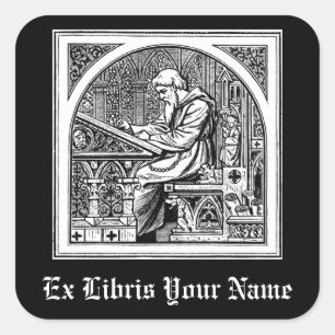 Adesivo Quadrado Monge no Bookplate medieval da mesa de escrita