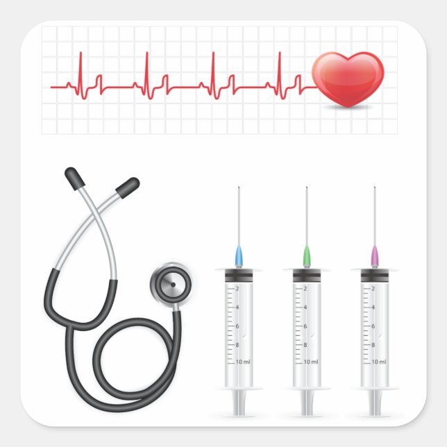 Adesivo Quadrado Monitor de ECG do Coração com Estetoscópio e Serin (Frente)