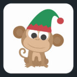 Adesivo Quadrado Monkey Christmas Elf<br><div class="desc">Macaco bonitinho elfo de Natal</div>