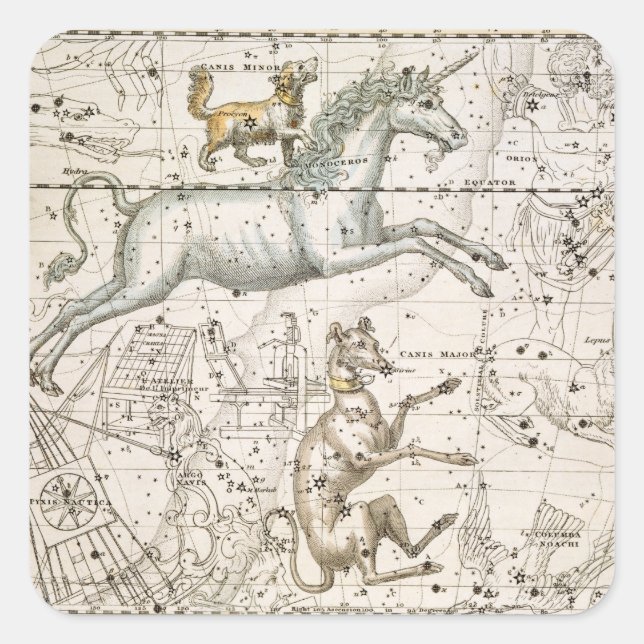 Adesivo Quadrado Monoceros, de A Celestial Atlas, pub. em 1822 (Frente)