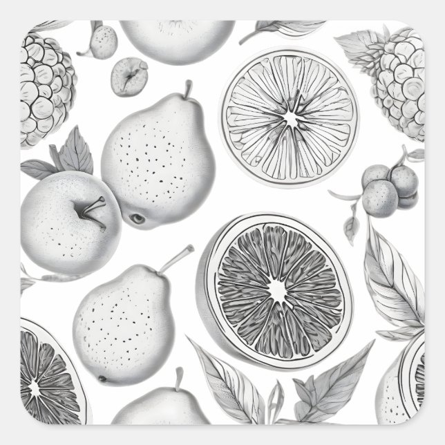 Adesivo Quadrado Monochrome Fruit Pattern with Botanical Elements (Frente)
