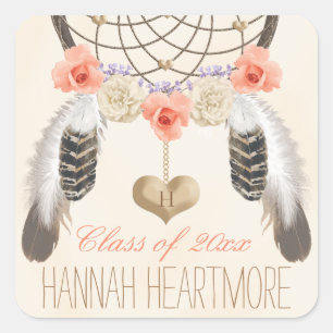ADESIVO QUADRADO MONOGRAMA BOHO DREAM CATCHER CLASSE DE GRADUAÇÃO