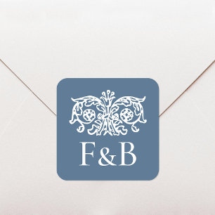 Adesivo Quadrado Monograma Casamento Ornate Floral Azul