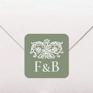 Adesivo Quadrado Monograma Casamento Ornate Floral Verde