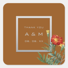 Adesivo Quadrado Monograma Cinza Moldura Prata Castanho Floral