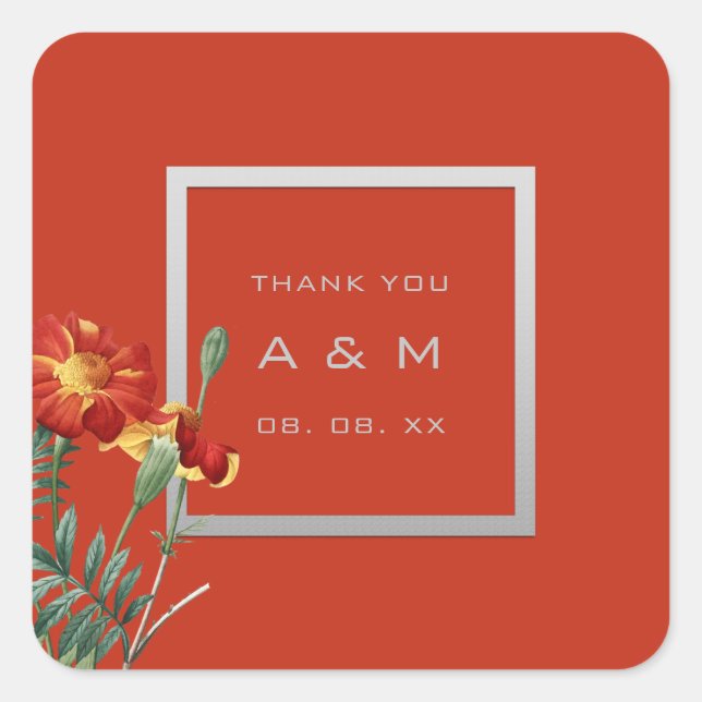 Adesivo Quadrado Monograma Cinza Moldura Silver Coral Floral (Frente)