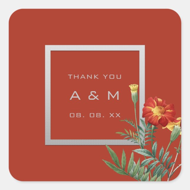 Adesivo Quadrado Monograma Cinza Moldura Silver Coral Floral (Frente)