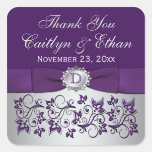 Adesivo Quadrado Monograma Cinza Roxa Vinheta-Favor