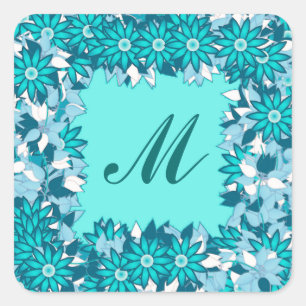 Adesivo Quadrado Monograma com flores - azul e branco