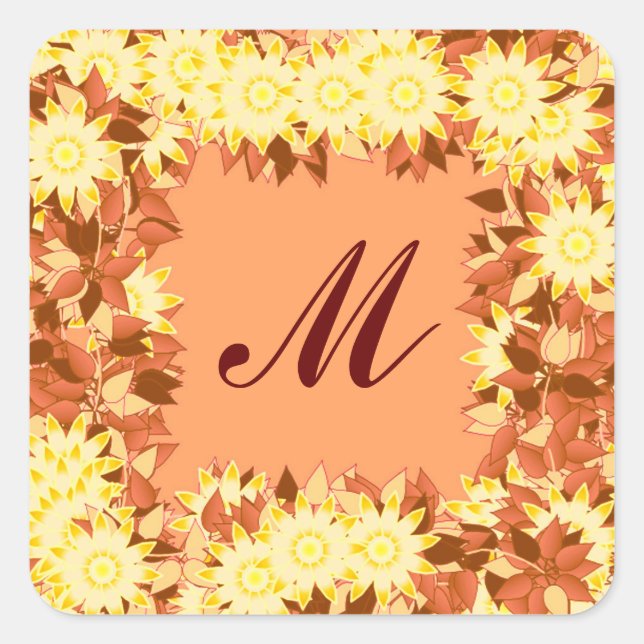 Adesivo Quadrado Monograma com flores - cacau e amarelo (Frente)