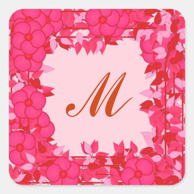 Adesivo Quadrado Monograma com flores - fúcsia e rosa (Frente)