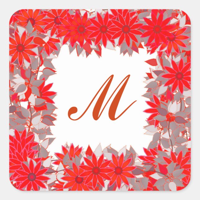 Adesivo Quadrado Monograma com flores - vermelho e cinza (Frente)