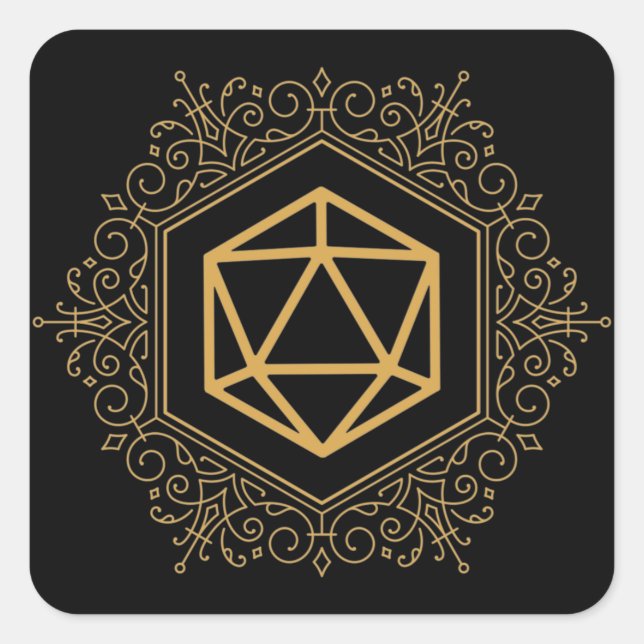 Adesivo Quadrado Monograma D20 Tabletop Dourado Dice RPG (Frente)