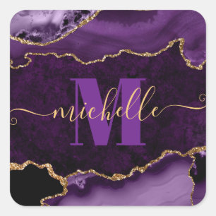 Adesivo Quadrado Monograma de Ágata Mármore Brilhante Roxo e Dourad