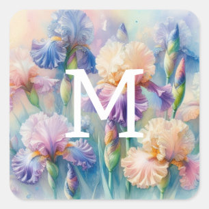 Adesivo Quadrado Monograma de aguarela floral com flores de íris ro